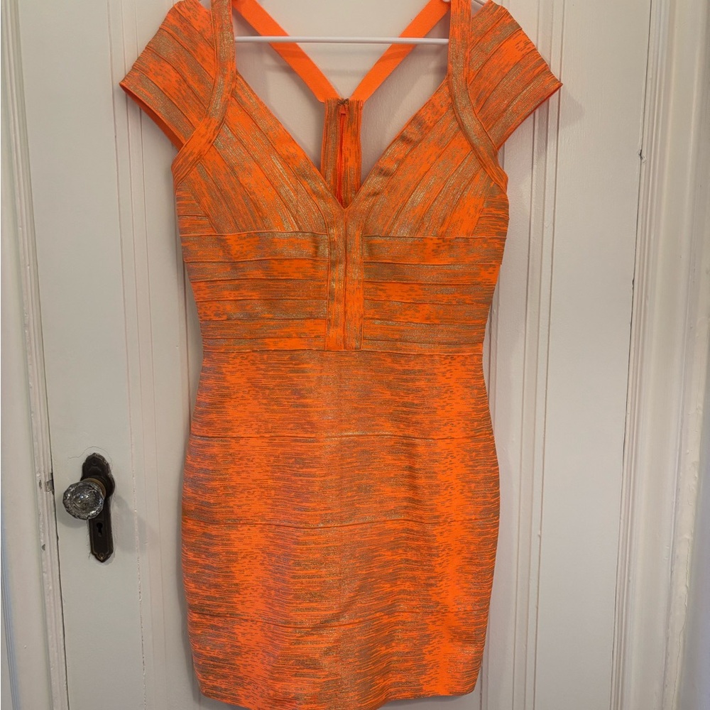 Mac Duggal Orange and Gold Bodycon Cocktail Dress Size 10